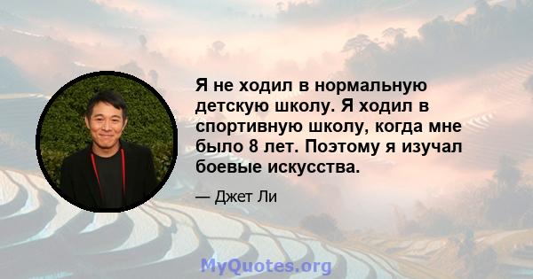 Я не ходил в нормальную детскую школу. Я ходил в спортивную школу, когда мне было 8 лет. Поэтому я изучал боевые искусства.