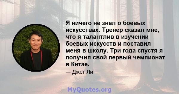 Я ничего не знал о боевых искусствах. Тренер сказал мне, что я талантлив в изучении боевых искусств и поставил меня в школу. Три года спустя я получил свой первый чемпионат в Китае.