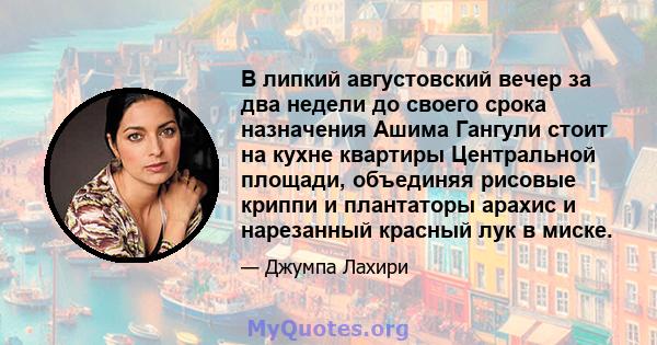 В липкий августовский вечер за два недели до своего срока назначения Ашима Гангули стоит на кухне квартиры Центральной площади, объединяя рисовые криппи и плантаторы арахис и нарезанный красный лук в миске.