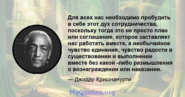 Для всех нас необходимо пробудить в себе этот дух сотрудничества, поскольку тогда это не просто план или соглашение, которое заставляет нас работать вместе, а необычайное чувство единения, чувство радости в