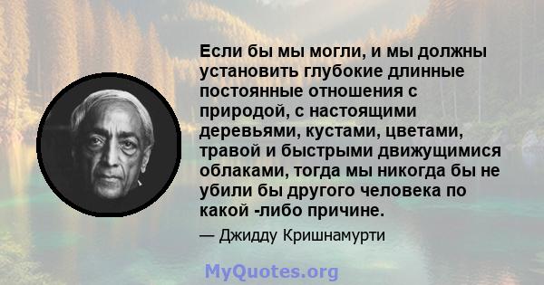 Если бы мы могли, и мы должны установить глубокие длинные постоянные отношения с природой, с настоящими деревьями, кустами, цветами, травой и быстрыми движущимися облаками, тогда мы никогда бы не убили бы другого