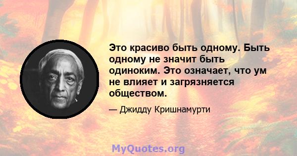 Это красиво быть одному. Быть одному не значит быть одиноким. Это означает, что ум не влияет и загрязняется обществом.