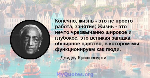 Конечно, жизнь - это не просто работа, занятие; Жизнь - это нечто чрезвычайно широкое и глубокое, это великая загадка, обширное царство, в котором мы функционируем как люди.