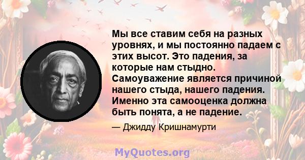 Мы все ставим себя на разных уровнях, и мы постоянно падаем с этих высот. Это падения, за которые нам стыдно. Самоуважение является причиной нашего стыда, нашего падения. Именно эта самооценка должна быть понята, а не