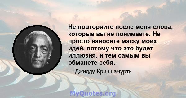 Не повторяйте после меня слова, которые вы не понимаете. Не просто наносите маску моих идей, потому что это будет иллюзия, и тем самым вы обманете себя.