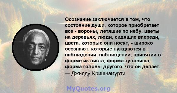 Осознание заключается в том, что состояние души, которое приобретает все - вороны, летящие по небу, цветы на деревьях, люди, сидящие впереди, цвета, которые они носят, - широко осознают, которые нуждаются в наблюдении,