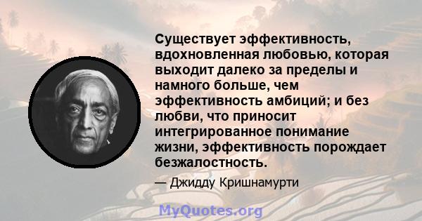 Существует эффективность, вдохновленная любовью, которая выходит далеко за пределы и намного больше, чем эффективность амбиций; и без любви, что приносит интегрированное понимание жизни, эффективность порождает