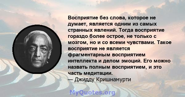 Восприятие без слова, которое не думает, является одним из самых странных явлений. Тогда восприятие гораздо более острое, не только с мозгом, но и со всеми чувствами. Такое восприятие не является фрагментарным