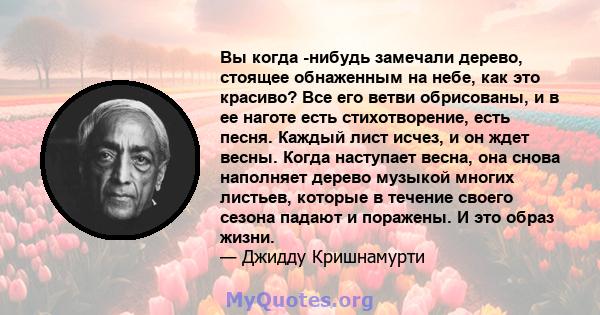 Вы когда -нибудь замечали дерево, стоящее обнаженным на небе, как это красиво? Все его ветви обрисованы, и в ее наготе есть стихотворение, есть песня. Каждый лист исчез, и он ждет весны. Когда наступает весна, она снова 