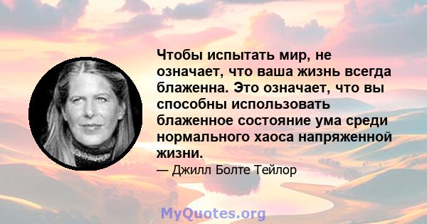 Чтобы испытать мир, не означает, что ваша жизнь всегда блаженна. Это означает, что вы способны использовать блаженное состояние ума среди нормального хаоса напряженной жизни.