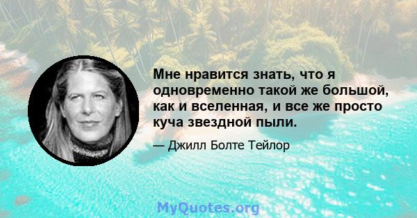 Мне нравится знать, что я одновременно такой же большой, как и вселенная, и все же просто куча звездной пыли.