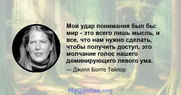 Мой удар понимания был бы: мир - это всего лишь мысль, и все, что нам нужно сделать, чтобы получить доступ, это молчание голос нашего доминирующего левого ума.