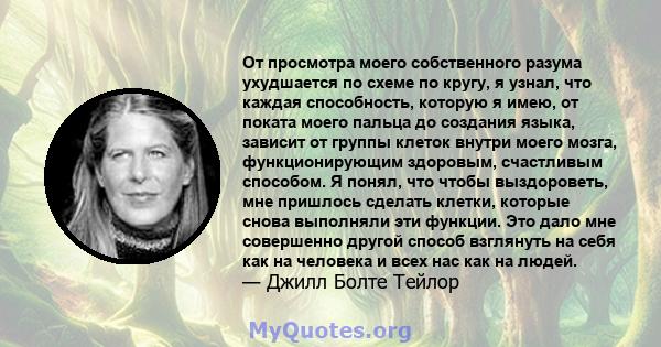 От просмотра моего собственного разума ухудшается по схеме по кругу, я узнал, что каждая способность, которую я имею, от поката моего пальца до создания языка, зависит от группы клеток внутри моего мозга,