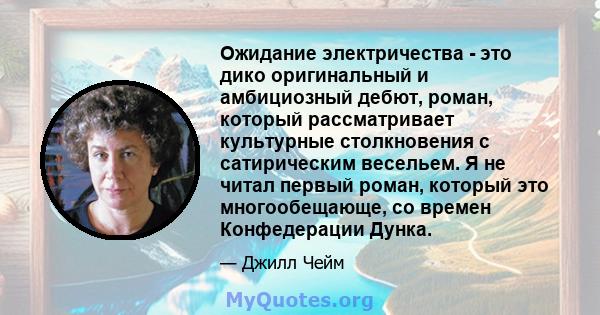 Ожидание электричества - это дико оригинальный и амбициозный дебют, роман, который рассматривает культурные столкновения с сатирическим весельем. Я не читал первый роман, который это многообещающе, со времен