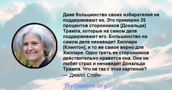 Даже большинство своих избирателей не поддерживают их. Это примерно 25 процентов сторонников [Дональда] Трампа, которые на самом деле поддерживают его. Большинство на самом деле ненавидит Хиллари [Клинтон], и то же