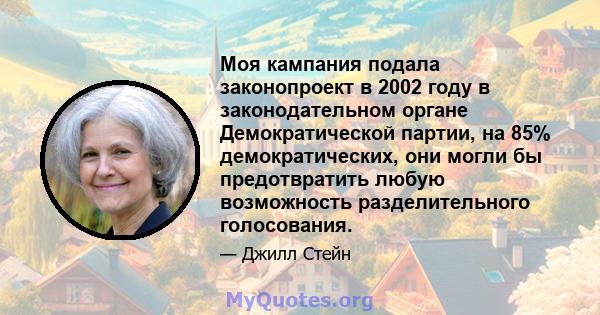 Моя кампания подала законопроект в 2002 году в законодательном органе Демократической партии, на 85% демократических, они могли бы предотвратить любую возможность разделительного голосования.