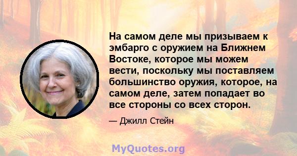 На самом деле мы призываем к эмбарго с оружием на Ближнем Востоке, которое мы можем вести, поскольку мы поставляем большинство оружия, которое, на самом деле, затем попадает во все стороны со всех сторон.