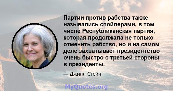 Партии против рабства также назывались спойлерами, в том числе Республиканская партия, которая продолжала не только отменить рабство, но и на самом деле захватывает президентство очень быстро с третьей стороны в