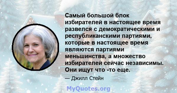 Самый большой блок избирателей в настоящее время развелся с демократическими и республиканскими партиями, которые в настоящее время являются партиями меньшинства, а множество избирателей сейчас независимы. Они ищут что