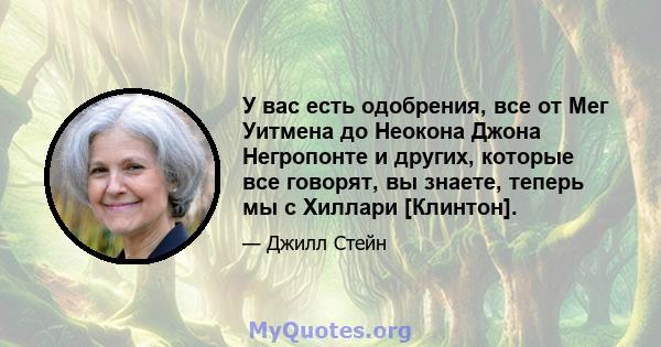 У вас есть одобрения, все от Мег Уитмена до Неокона Джона Негропонте и других, которые все говорят, вы знаете, теперь мы с Хиллари [Клинтон].