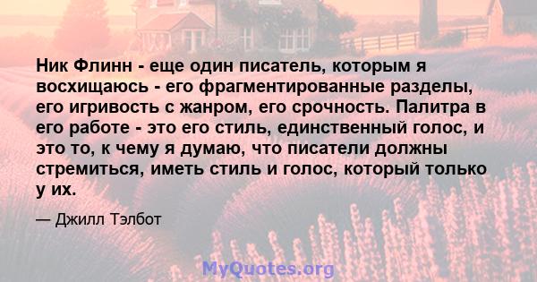 Ник Флинн - еще один писатель, которым я восхищаюсь - его фрагментированные разделы, его игривость с жанром, его срочность. Палитра в его работе - это его стиль, единственный голос, и это то, к чему я думаю, что