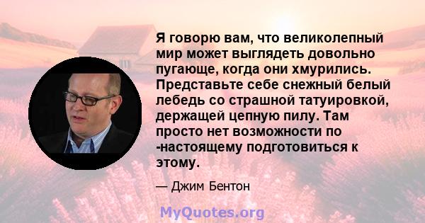 Я говорю вам, что великолепный мир может выглядеть довольно пугающе, когда они хмурились. Представьте себе снежный белый лебедь со страшной татуировкой, держащей цепную пилу. Там просто нет возможности по -настоящему