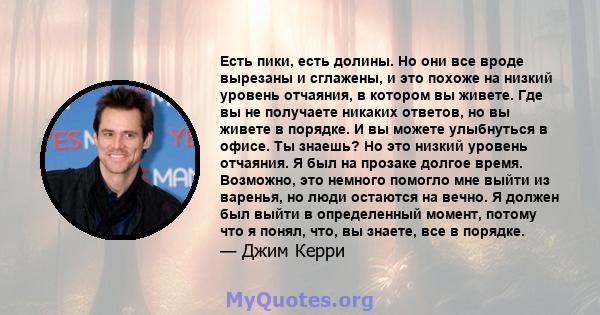 Есть пики, есть долины. Но они все вроде вырезаны и сглажены, и это похоже на низкий уровень отчаяния, в котором вы живете. Где вы не получаете никаких ответов, но вы живете в порядке. И вы можете улыбнуться в офисе. Ты 