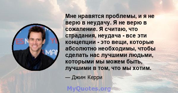 Мне нравятся проблемы, и я не верю в неудачу. Я не верю в сожаление. Я считаю, что страдания, неудача - все эти концепции - это вещи, которые абсолютно необходимы, чтобы сделать нас лучшими людьми, которыми мы можем