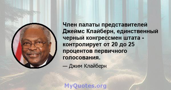 Член палаты представителей Джеймс Клайберн, единственный черный конгрессмен штата - контролирует от 20 до 25 процентов первичного голосования.