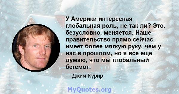 У Америки интересная глобальная роль, не так ли? Это, безусловно, меняется. Наше правительство прямо сейчас имеет более мягкую руку, чем у нас в прошлом, но я все еще думаю, что мы глобальный бегемот.