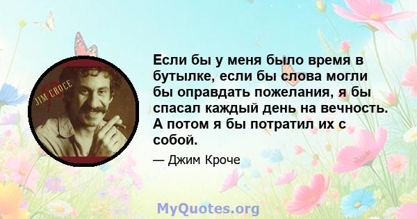 Если бы у меня было время в бутылке, если бы слова могли бы оправдать пожелания, я бы спасал каждый день на вечность. А потом я бы потратил их с собой.