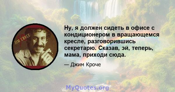 Ну, я должен сидеть в офисе с кондиционером в вращающемся кресле, разговорившись секретарю. Сказав, эй, теперь, мама, приходи сюда.