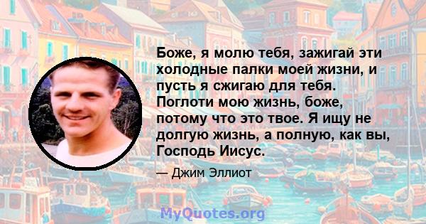 Боже, я молю тебя, зажигай эти холодные палки моей жизни, и пусть я сжигаю для тебя. Поглоти мою жизнь, боже, потому что это твое. Я ищу не долгую жизнь, а полную, как вы, Господь Иисус.