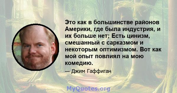 Это как в большинстве районов Америки, где была индустрия, и их больше нет; Есть цинизм, смешанный с сарказмом и некоторым оптимизмом. Вот как мой опыт повлиял на мою комедию.