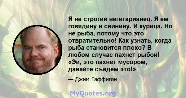 Я не строгий вегетарианец. Я ем говядину и свинину. И курица. Но не рыба, потому что это отвратительно! Как узнать, когда рыба становится плохо? В любом случае пахнет рыбой! «Эй, это пахнет мусором, давайте съедем это!»