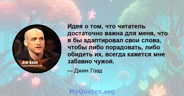 Идея о том, что читатель достаточно важна для меня, что я бы адаптировал свои слова, чтобы либо порадовать, либо обидеть их, всегда кажется мне забавно чужой.