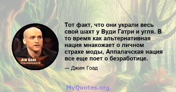 Тот факт, что они украли весь свой шахт у Вуди Гатри и угля. В то время как альтернативная нация мнакожает о личном страхе моды, Аппалачская нация все еще поет о безработице.