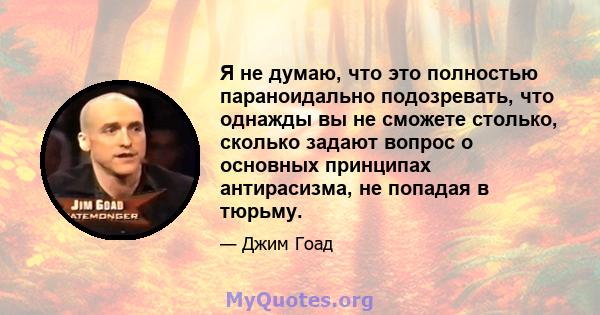 Я не думаю, что это полностью параноидально подозревать, что однажды вы не сможете столько, сколько задают вопрос о основных принципах антирасизма, не попадая в тюрьму.