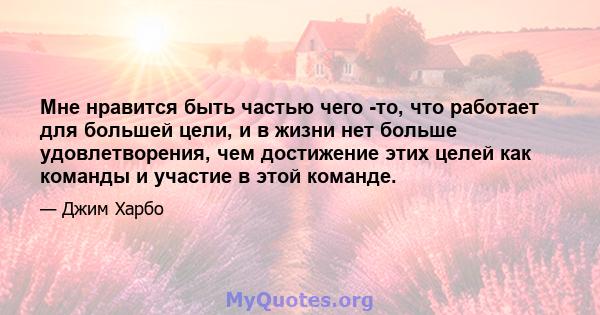 Мне нравится быть частью чего -то, что работает для большей цели, и в жизни нет больше удовлетворения, чем достижение этих целей как команды и участие в этой команде.