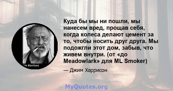 Куда бы мы ни пошли, мы нанесем вред, прощав себя, когда колеса делают цемент за то, чтобы носить друг друга. Мы подожгли этот дом, забыв, что живем внутри. (от «до Meadowlark» для ML Smoker)