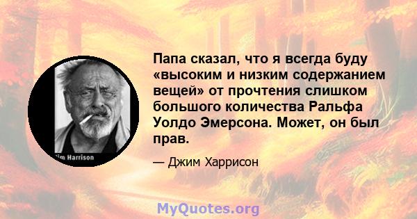 Папа сказал, что я всегда буду «высоким и низким содержанием вещей» от прочтения слишком большого количества Ральфа Уолдо Эмерсона. Может, он был прав.