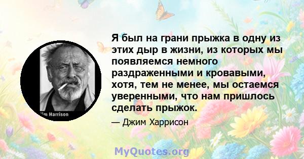 Я был на грани прыжка в одну из этих дыр в жизни, из которых мы появляемся немного раздраженными и кровавыми, хотя, тем не менее, мы остаемся уверенными, что нам пришлось сделать прыжок.