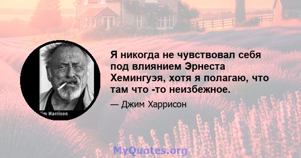 Я никогда не чувствовал себя под влиянием Эрнеста Хемингуэя, хотя я полагаю, что там что -то неизбежное.