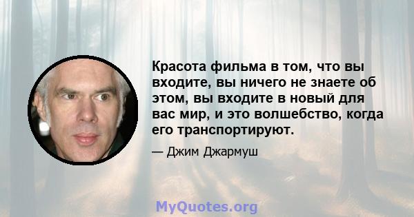 Красота фильма в том, что вы входите, вы ничего не знаете об этом, вы входите в новый для вас мир, и это волшебство, когда его транспортируют.