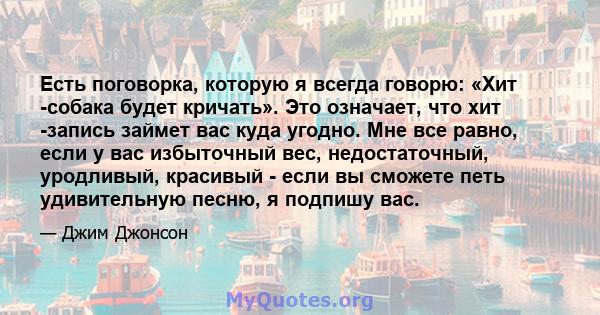 Есть поговорка, которую я всегда говорю: «Хит -собака будет кричать». Это означает, что хит -запись займет вас куда угодно. Мне все равно, если у вас избыточный вес, недостаточный, уродливый, красивый - если вы сможете