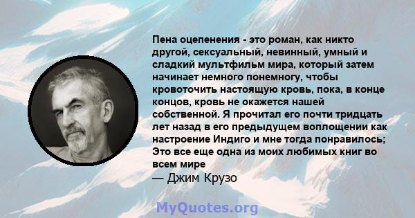 Пена оцепенения - это роман, как никто другой, сексуальный, невинный, умный и сладкий мультфильм мира, который затем начинает немного понемногу, чтобы кровоточить настоящую кровь, пока, в конце концов, кровь не окажется 