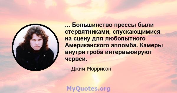 ... Большинство прессы были стервятниками, спускающимися на сцену для любопытного Американского апломба. Камеры внутри гроба интервьюируют червей.