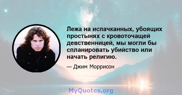 Лежа на испачканных, убоящих простынях с кровоточащей девственницей, мы могли бы спланировать убийство или начать религию.