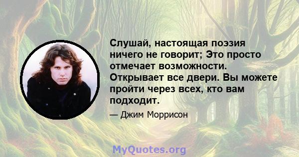 Слушай, настоящая поэзия ничего не говорит; Это просто отмечает возможности. Открывает все двери. Вы можете пройти через всех, кто вам подходит.