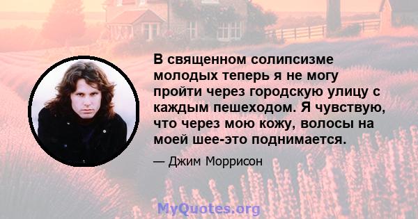 В священном солипсизме молодых теперь я не могу пройти через городскую улицу с каждым пешеходом. Я чувствую, что через мою кожу, волосы на моей шее-это поднимается.